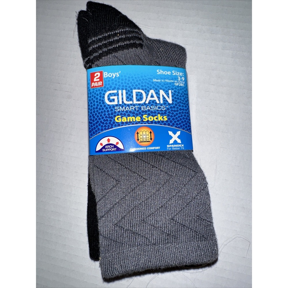 Gildan Smart Basics Boys Game Socks 2 Pair Pack Grey Black Shoe Size 3-9 GP2BC